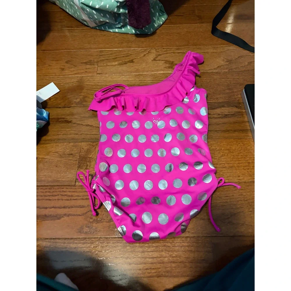 Justice One Piece Swimsuit Kids Size 14 Pink Silver Metallic Polka Dot Ruffle‎